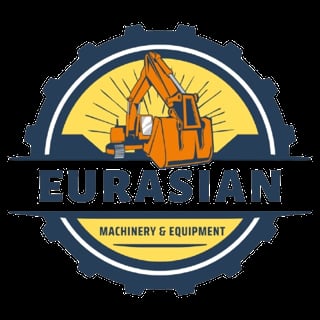 Eurasian Machinery & Equipment logo featuring an orange excavator on a yellow sun background within a circular badge design